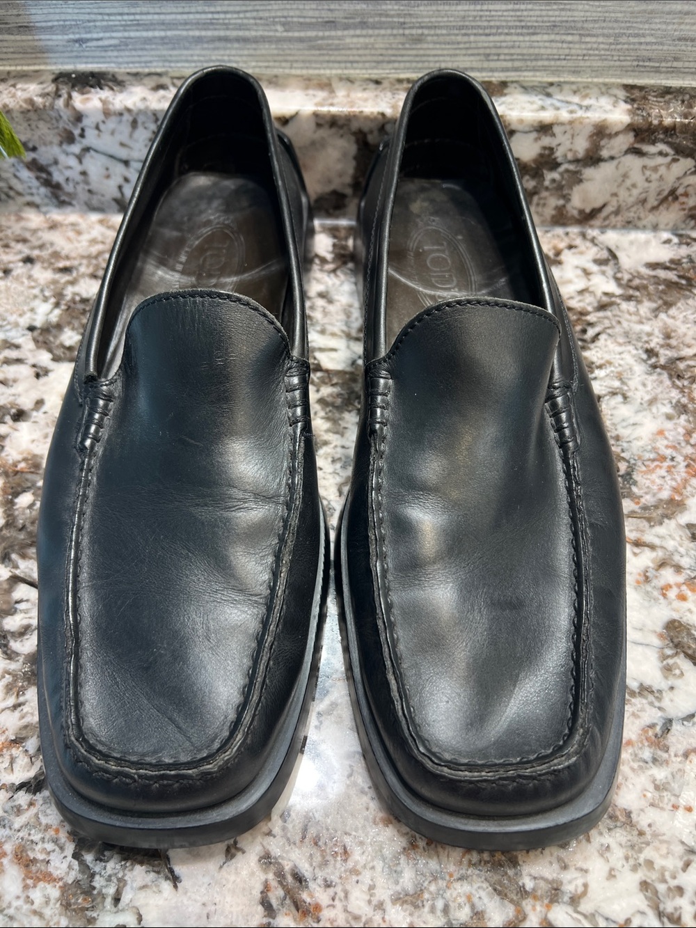 Tod's Black Leather Square-Toe Slip-On Loafers